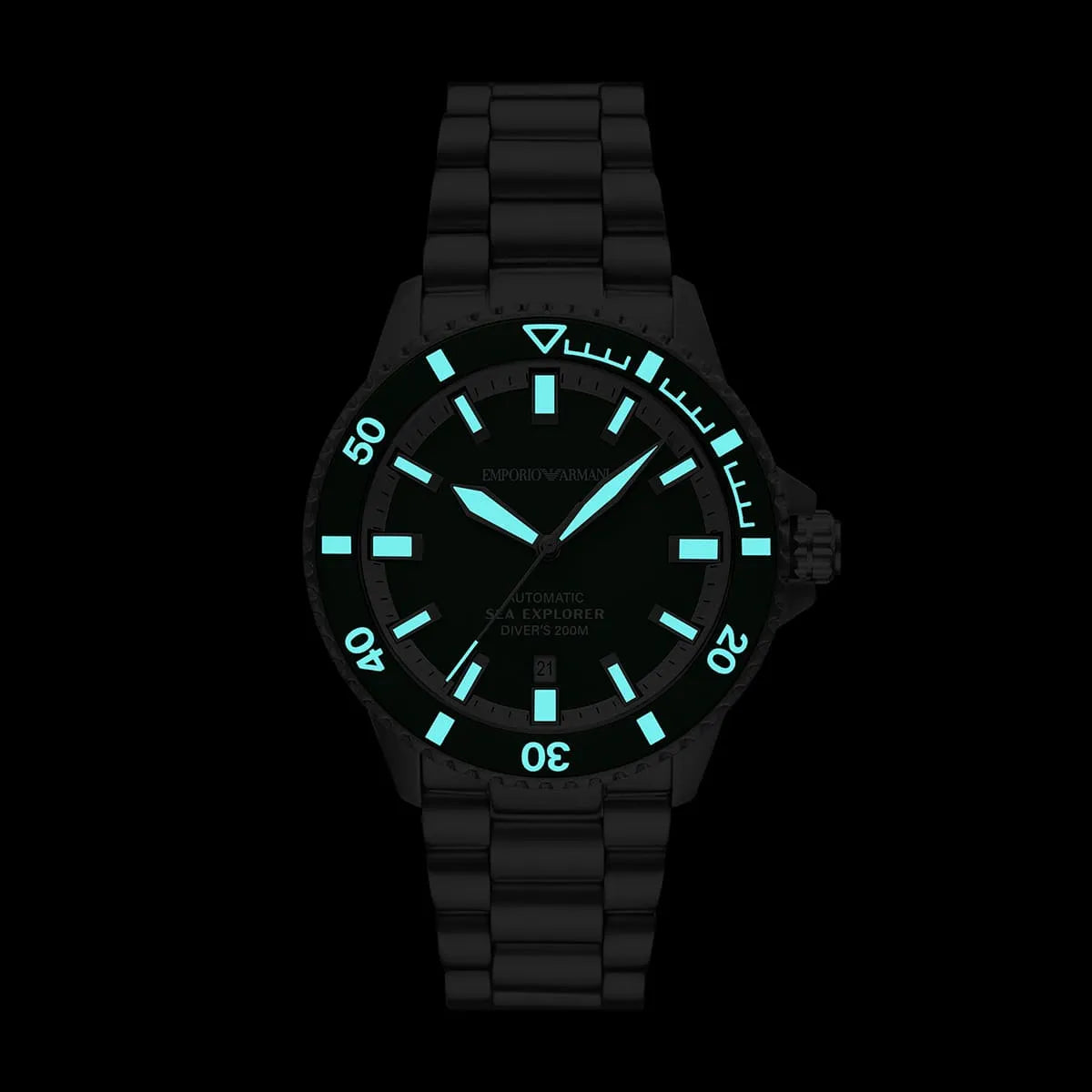 Emporio Armani AR11027 luminous hands and markers glowing in low light for diving