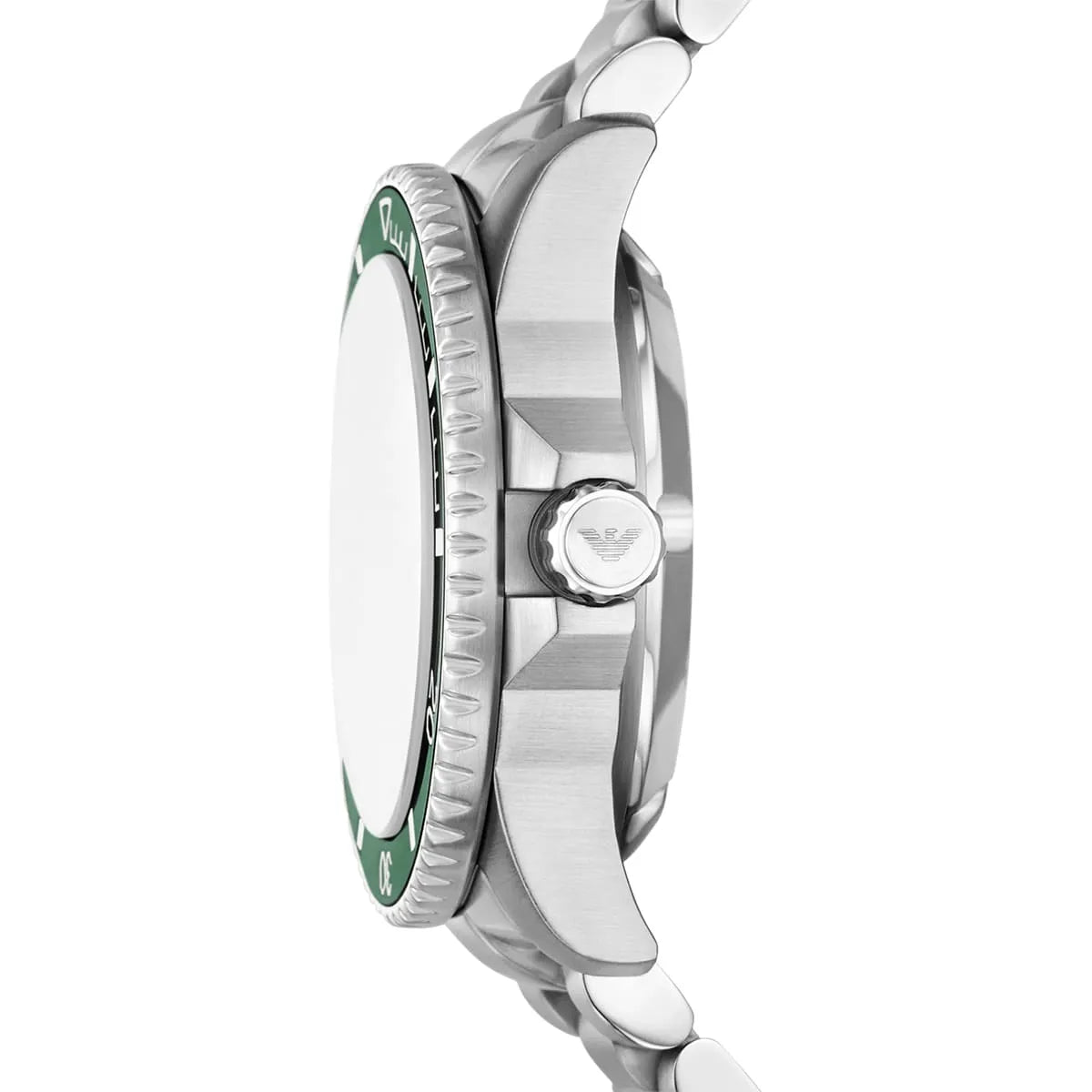 Side view of Emporio Armani AR60088 showing the screw-down crown for 200m water resistance