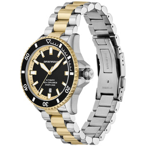 Angled shot of Emporio Armani AR60089 showing the luxury two-tone diver watch design