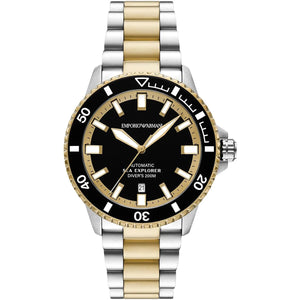 Emporio Armani Sea Explorer AR60089 automatic men's diver watch two-tone silver and gold with black dial
