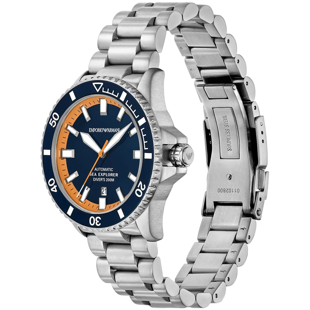 Angled shot of the Emporio Armani AR60090 showing the robust blue and orange sporty design
