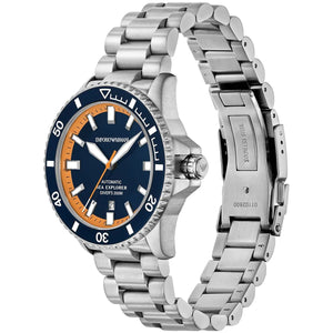 Angled shot of the Emporio Armani AR60090 showing the robust blue and orange sporty design
