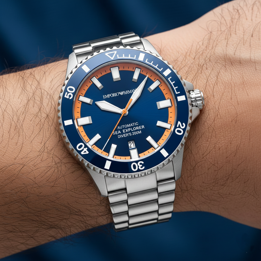 Detailed shot of the navy blue unidirectional rotating bezel on the Armani AR60090 explorer watch