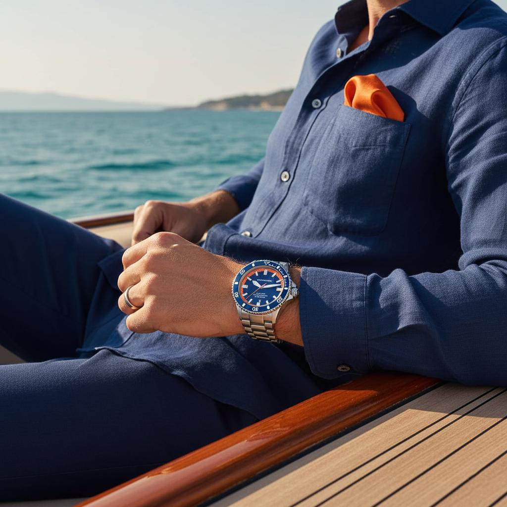 Macro view of the AR60090 dial focusing on the vibrant orange inner ring and luminous markers