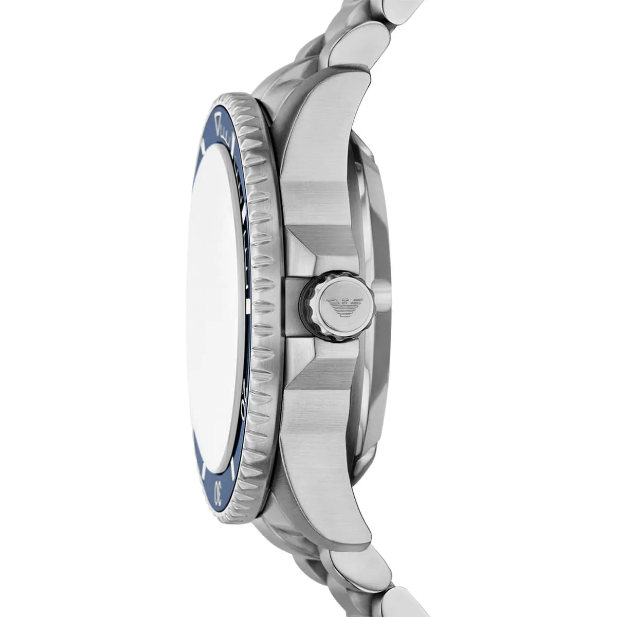 Side view of the silver stainless steel case and screw-down crown of the Armani Sea Explorer AR60090