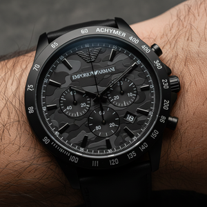 Close up of Armani AR11027 showing the grey camouflage pattern on the dial and indices