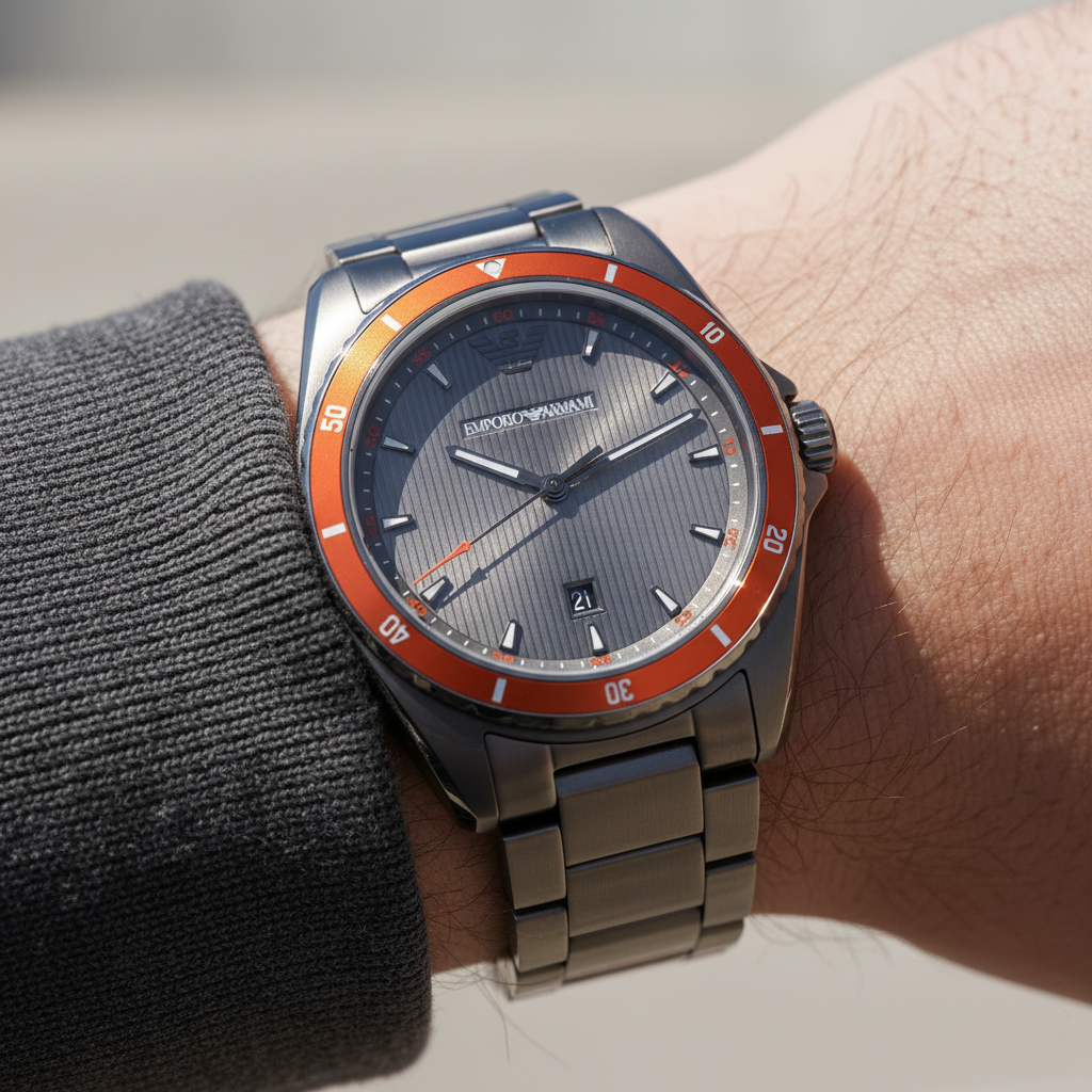 Close up of Armani AR11178 showing vibrant orange bezel ring and vertical striped dial