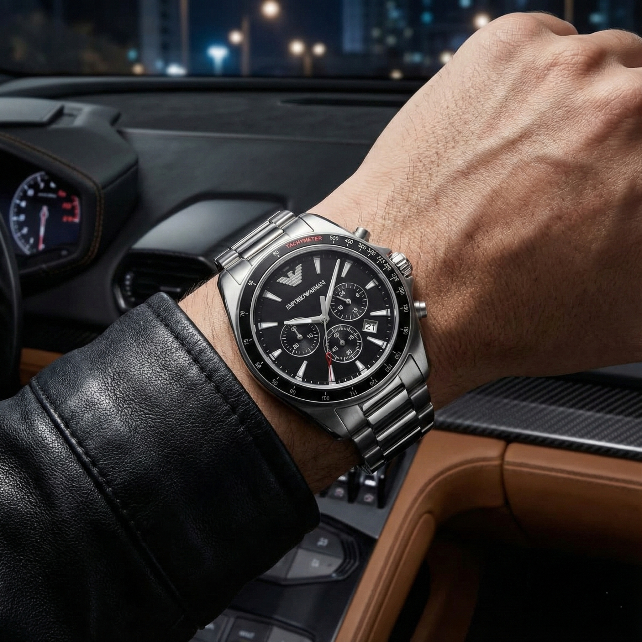 Man wearing Emporio Armani AR6098 silver steel watch with black tachymeter bezel