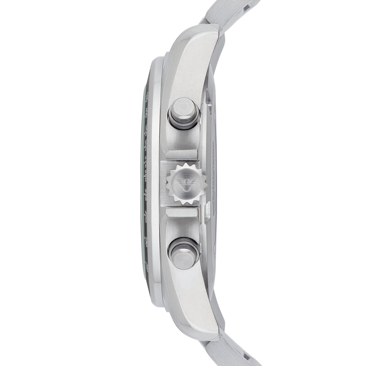 Side view of Emporio Armani AR6098 silver case crown and chronograph pushers