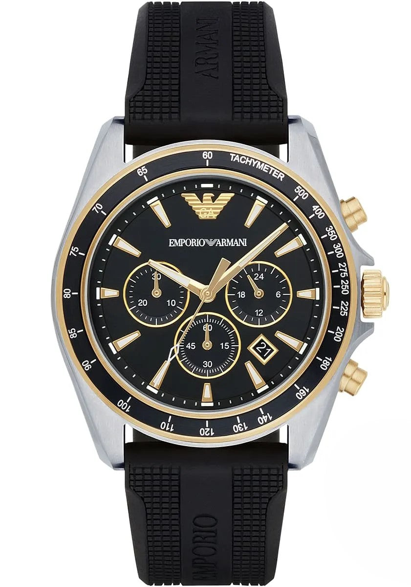 Emporio Armani Sigma AR80003 men's chronograph watch with black dial and branded rubber strap