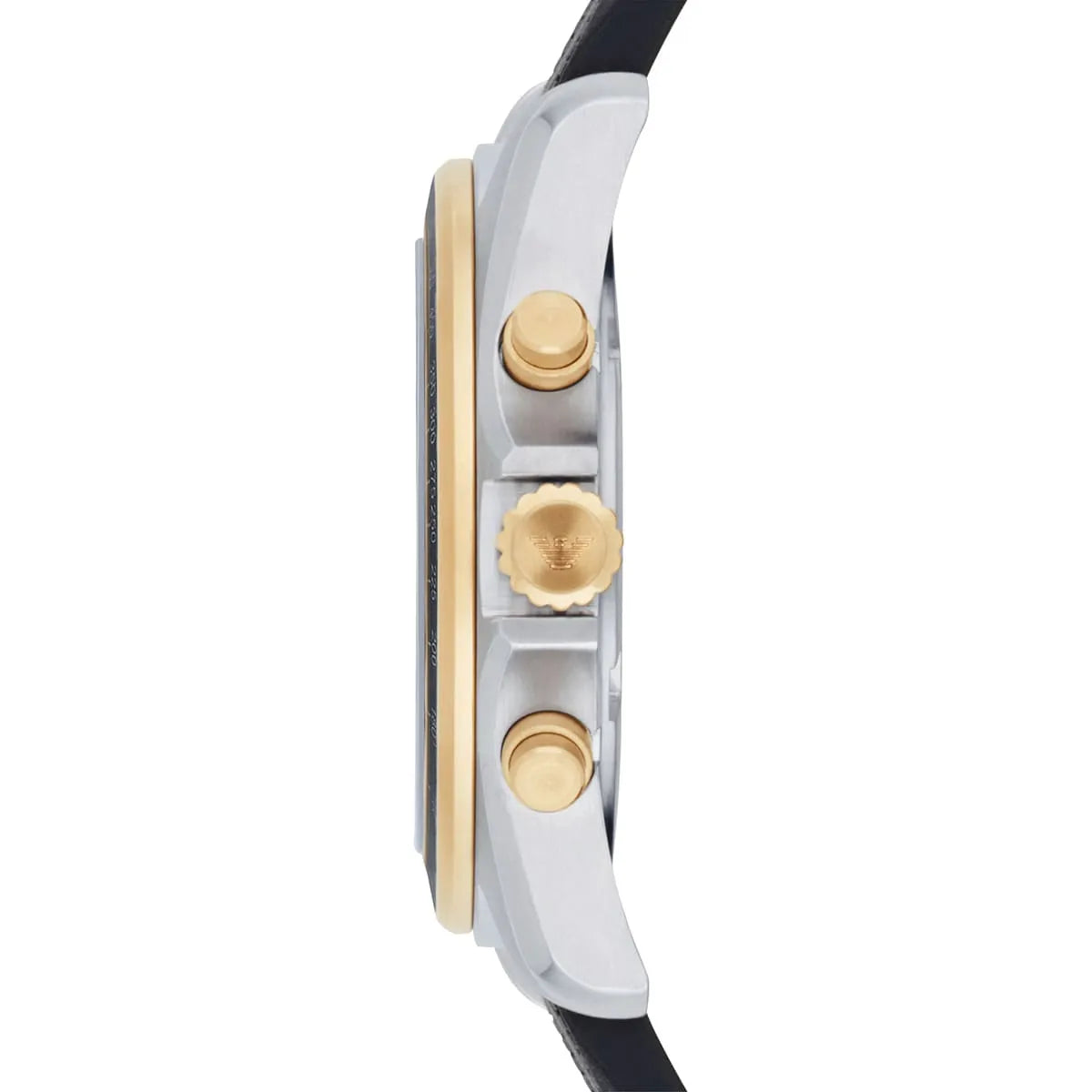 Side view of the Emporio Armani Sigma showing the luxury gold-tone crown and chronograph pushers