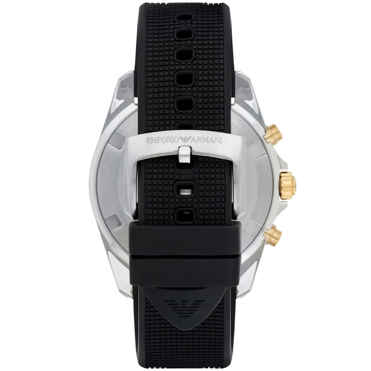 Silver stainless steel pin buckle with engraved Armani logo on the AR80003 rubber strap