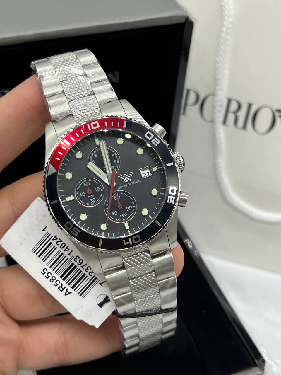 Emporio Armani AR5855 Sportive Men's Watch Black Dial Silver Textured Bracelet