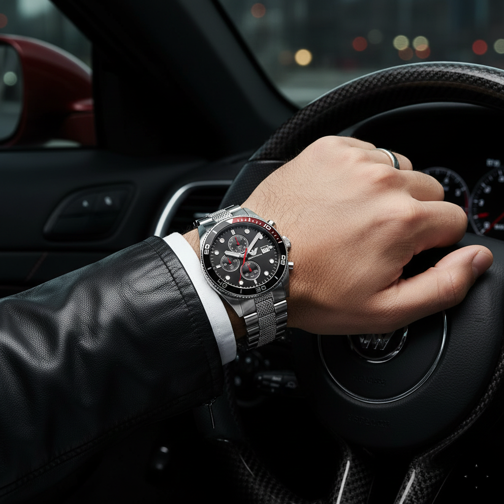 Sporty man wearing Emporio Armani AR5855 with black leather jacket and silver ring