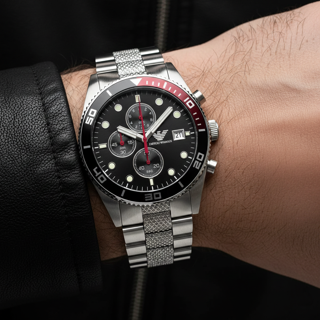 Extreme wrist macro of Armani AR5855 black dial showing red second hand and bezel