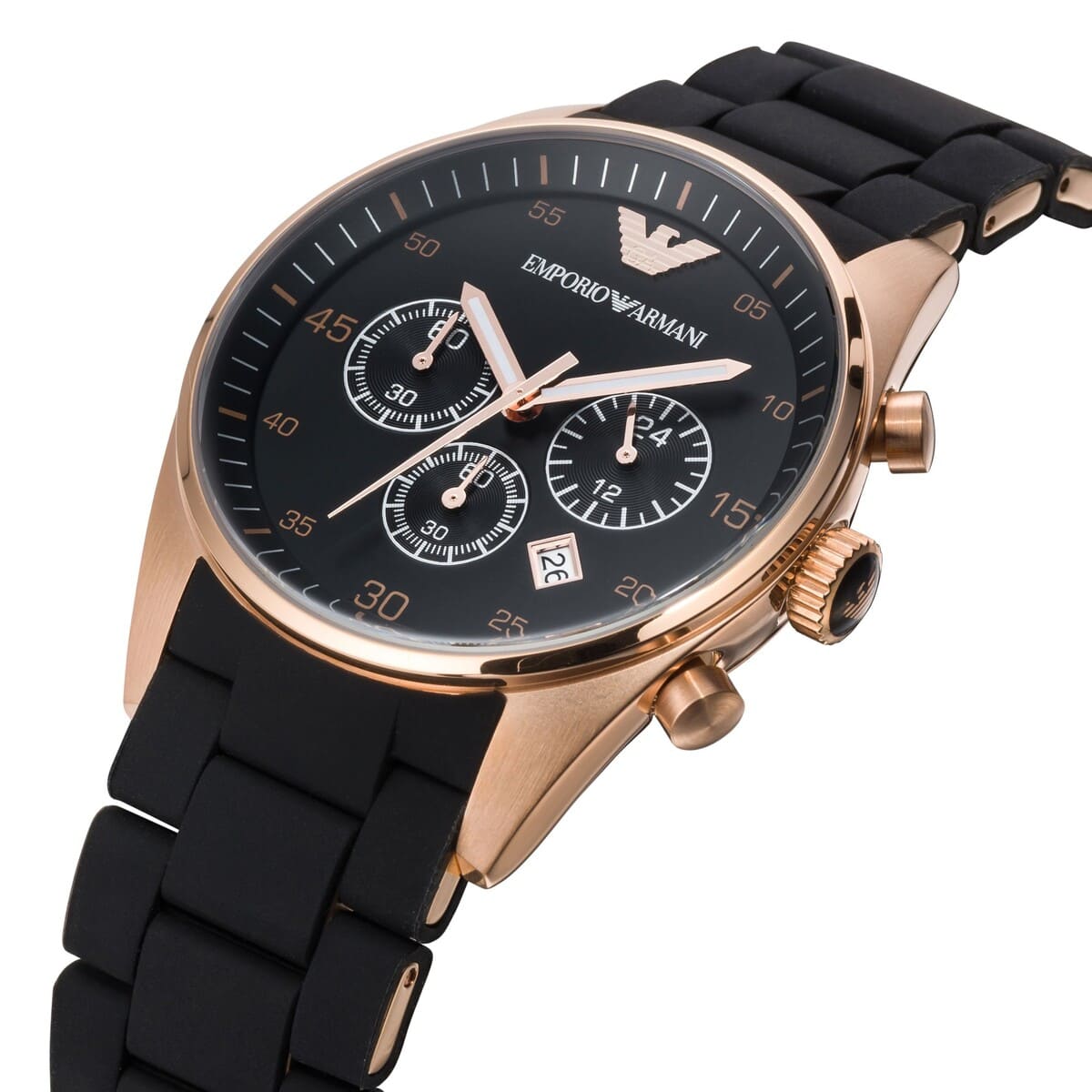 Angled front view of Emporio Armani AR5905 showing rose gold bezel and rubber links