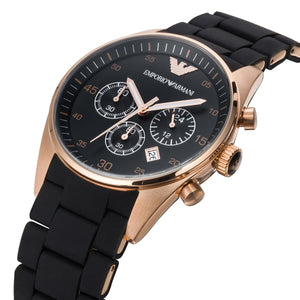 Angled front view of Emporio Armani AR5905 showing rose gold bezel and rubber links