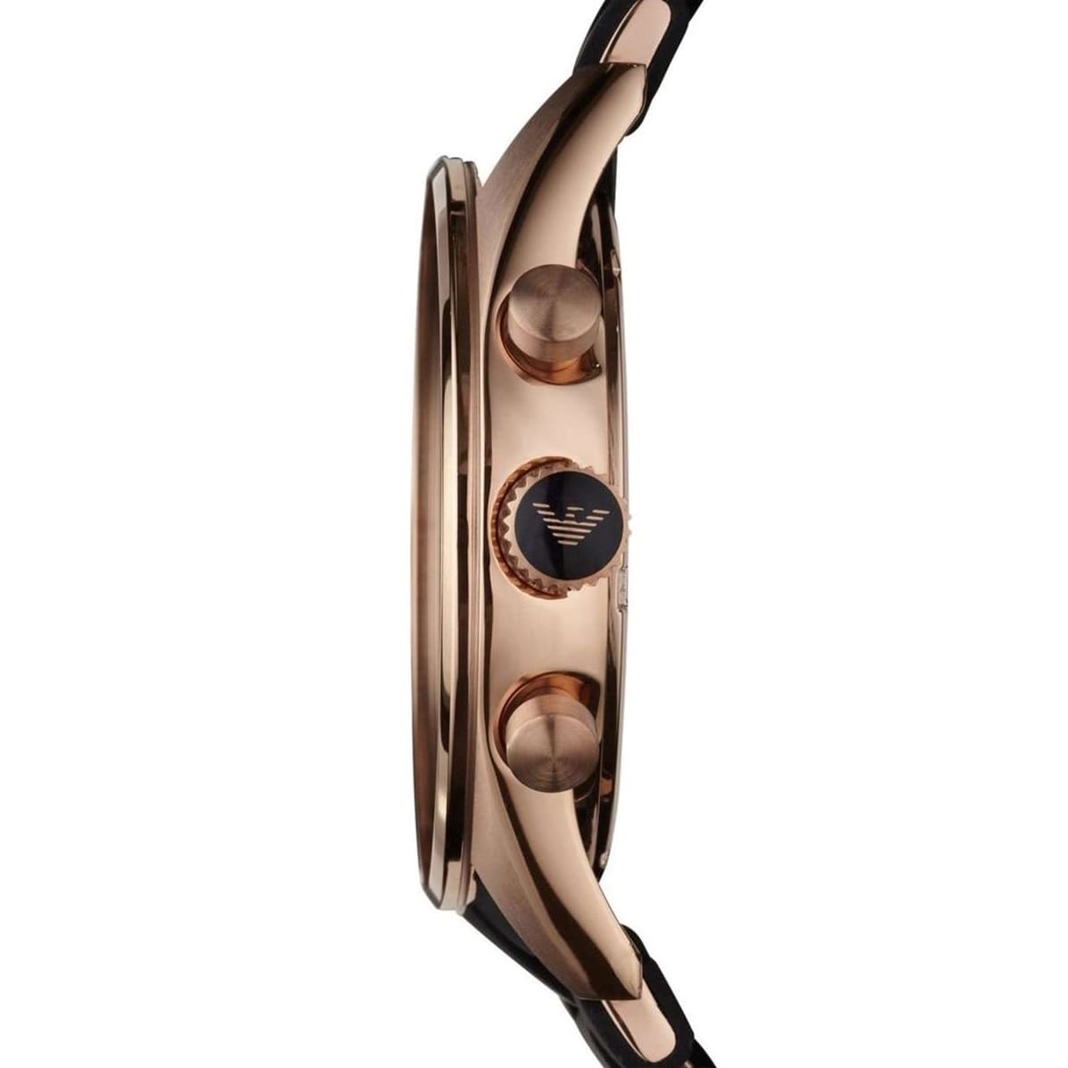 Side view of Emporio Armani AR5905 showing rose gold crown and rubber strap profile