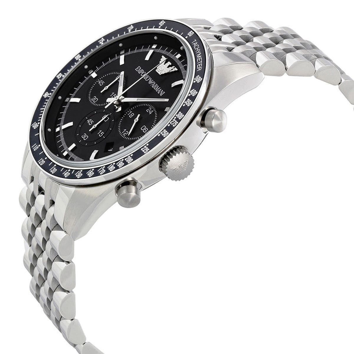 Angled front view of Emporio Armani AR5988 showing black bezel and silver indices