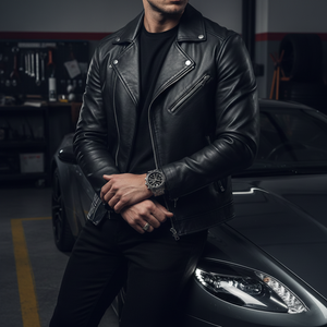Dynamic man wearing Emporio Armani AR5988 with black leather jacket and silver ring