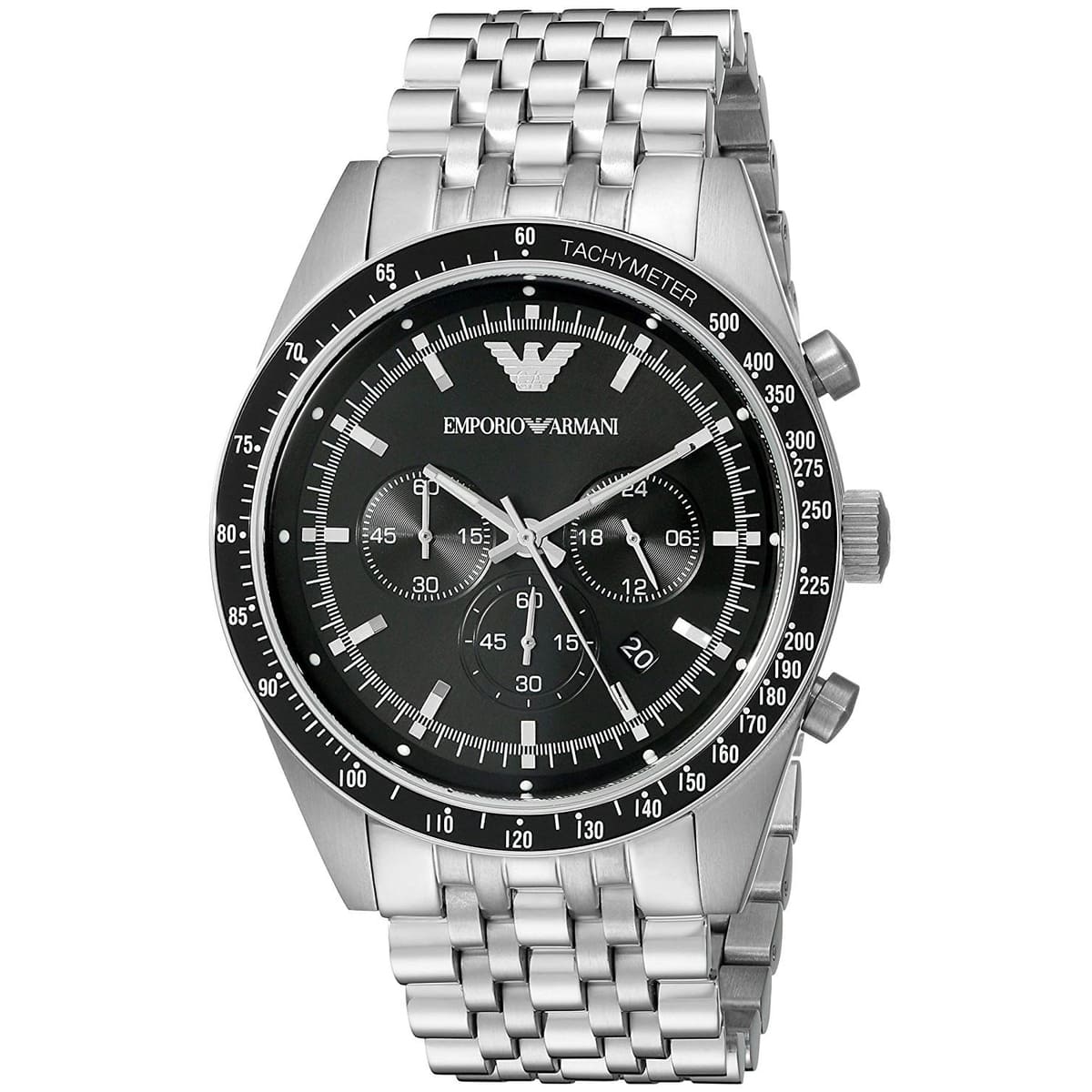 Side view of Emporio Armani AR5988 showing silver crown and chronograph pushers