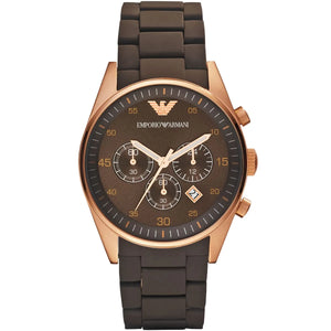 Emporio Armani Tazio AR5890 men's watch rose gold case with brown silicone link bracelet