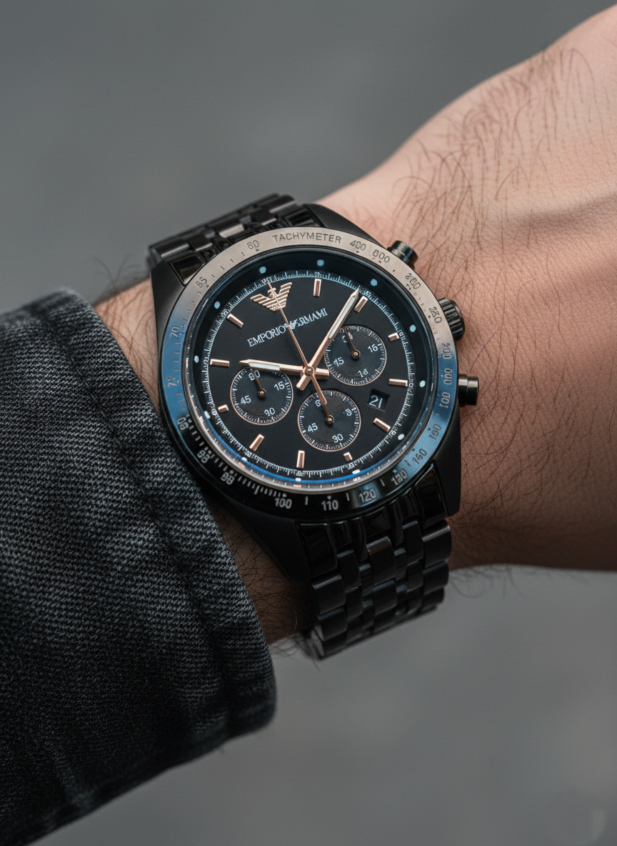 Extreme wrist macro of Armani AR5989 showing black PVD steel links and tachymeter