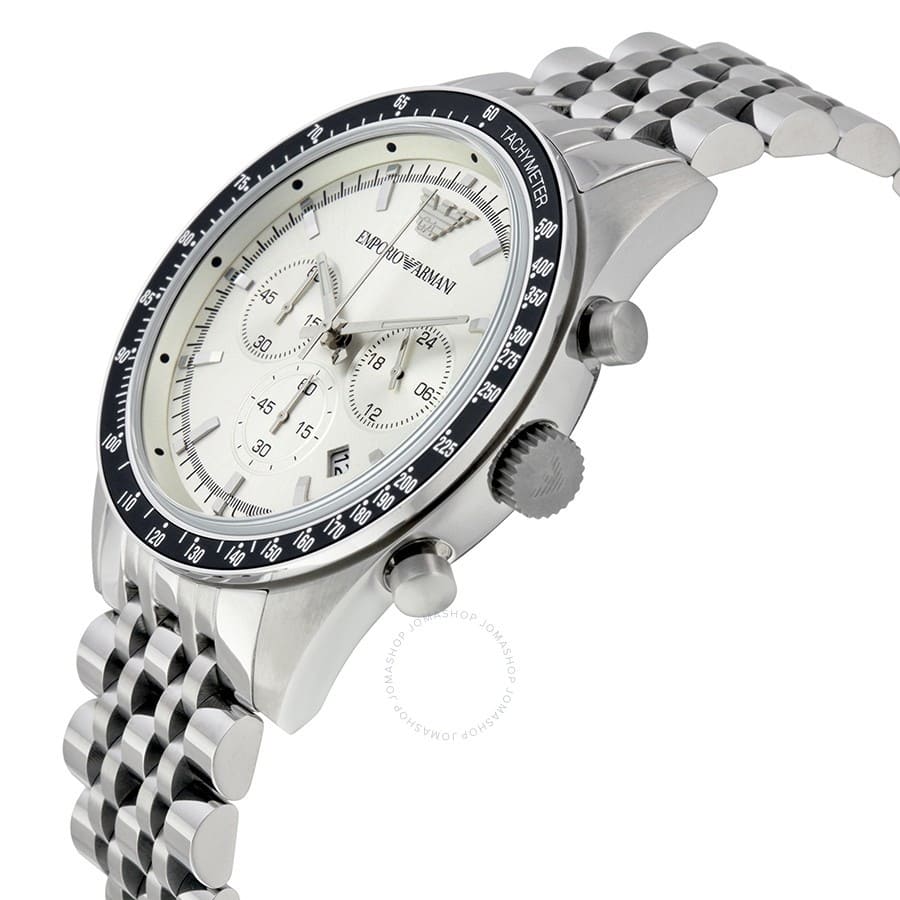 Angled front view of Emporio Armani AR6073 showing black bezel ring and crystal