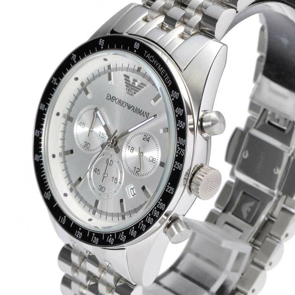 Angled front view of Emporio Armani AR6073 showing black bezel ring and crystal