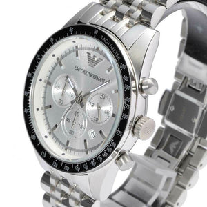 Angled front view of Emporio Armani AR6073 showing black bezel ring and crystal