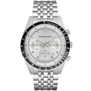 Emporio Armani AR6073 Tazio Men's Watch Silver Dial Black Tachymeter Bezel