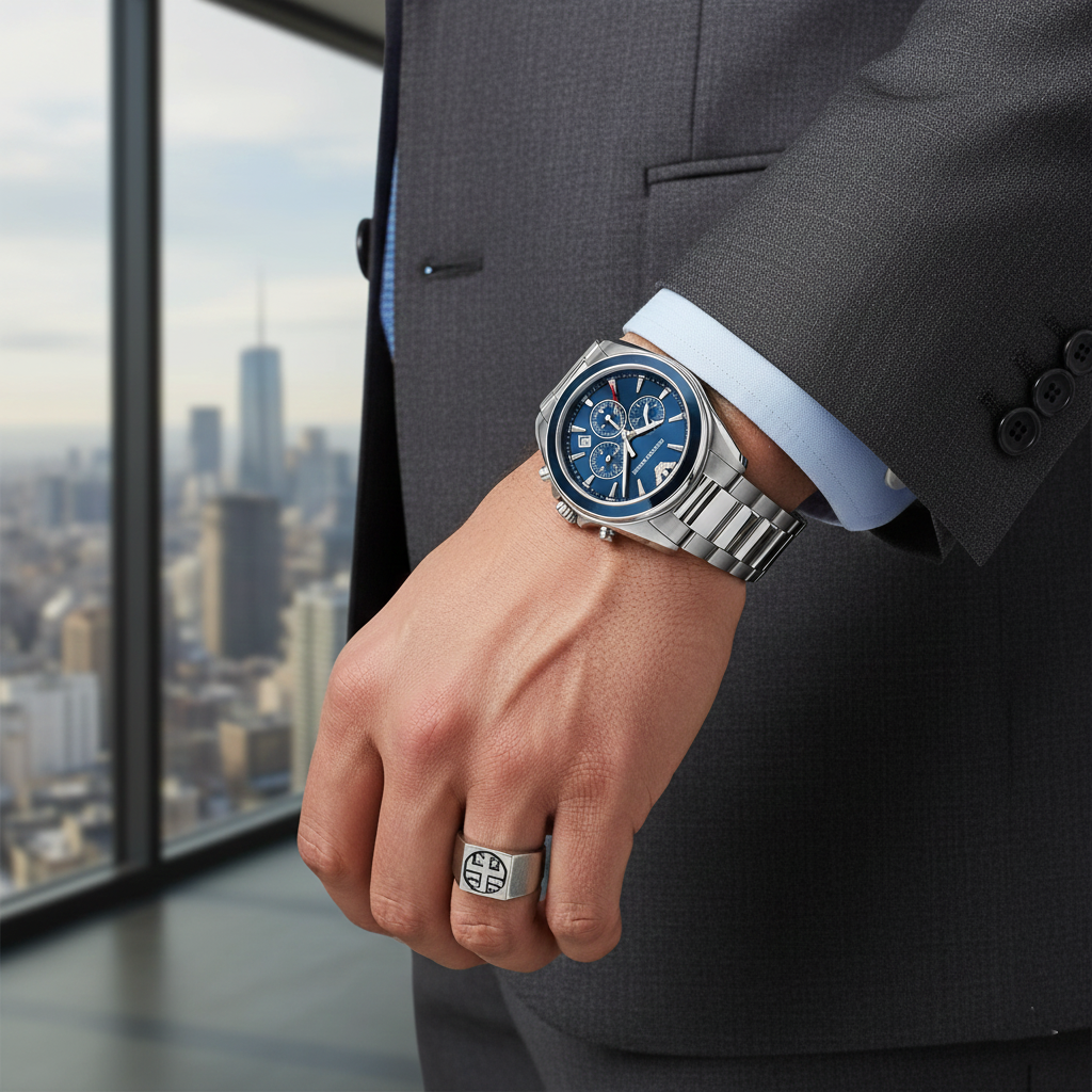 Successful man wearing Emporio Armani AR6091 with grey suit and silver signet ring