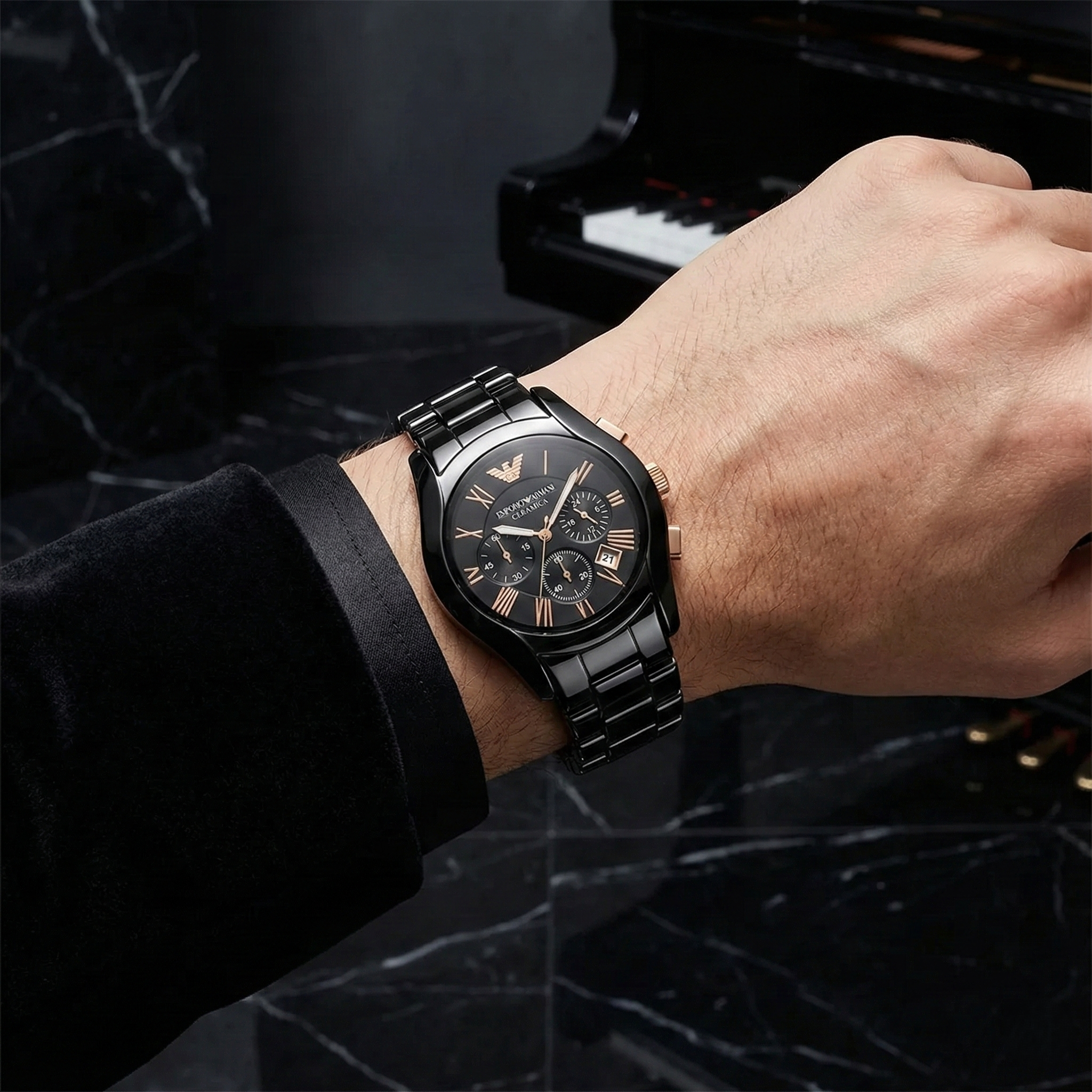 Man wearing Emporio Armani AR1410 black ceramic watch with black velvet tuxedo