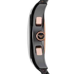Side view of Emporio Armani AR1410 black ceramic case with rose gold crown and pushers