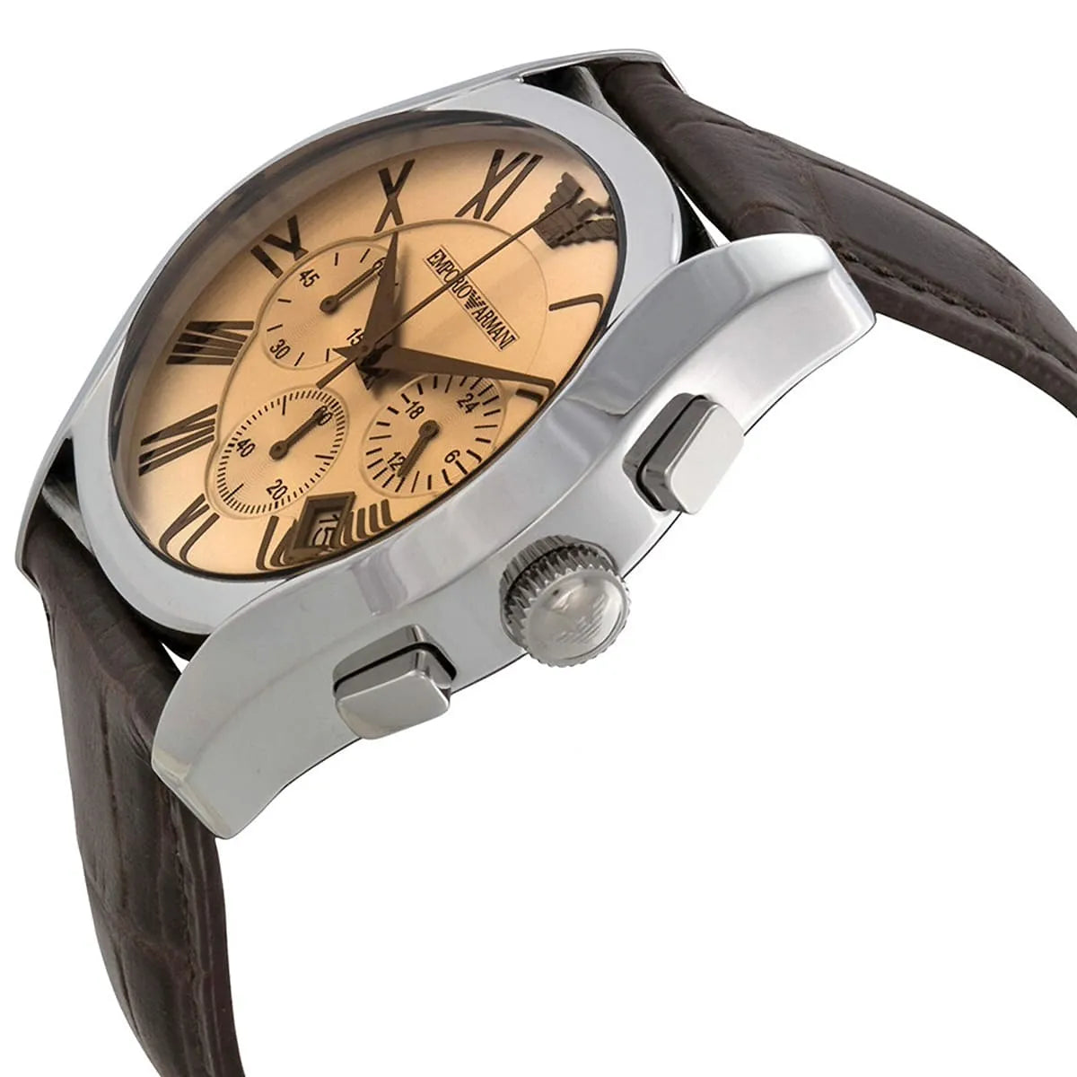 Angled front view of Emporio Armani AR1634 showing cream dial depth