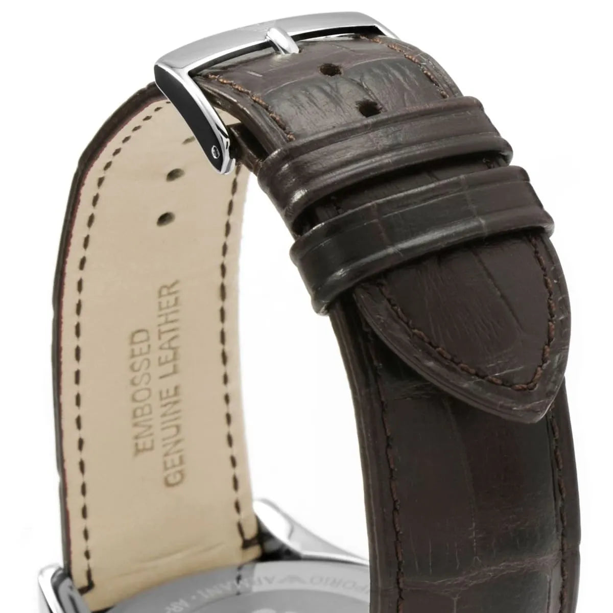 Detailed view of genuine dark brown crocodile-embossed leather strap for AR1634