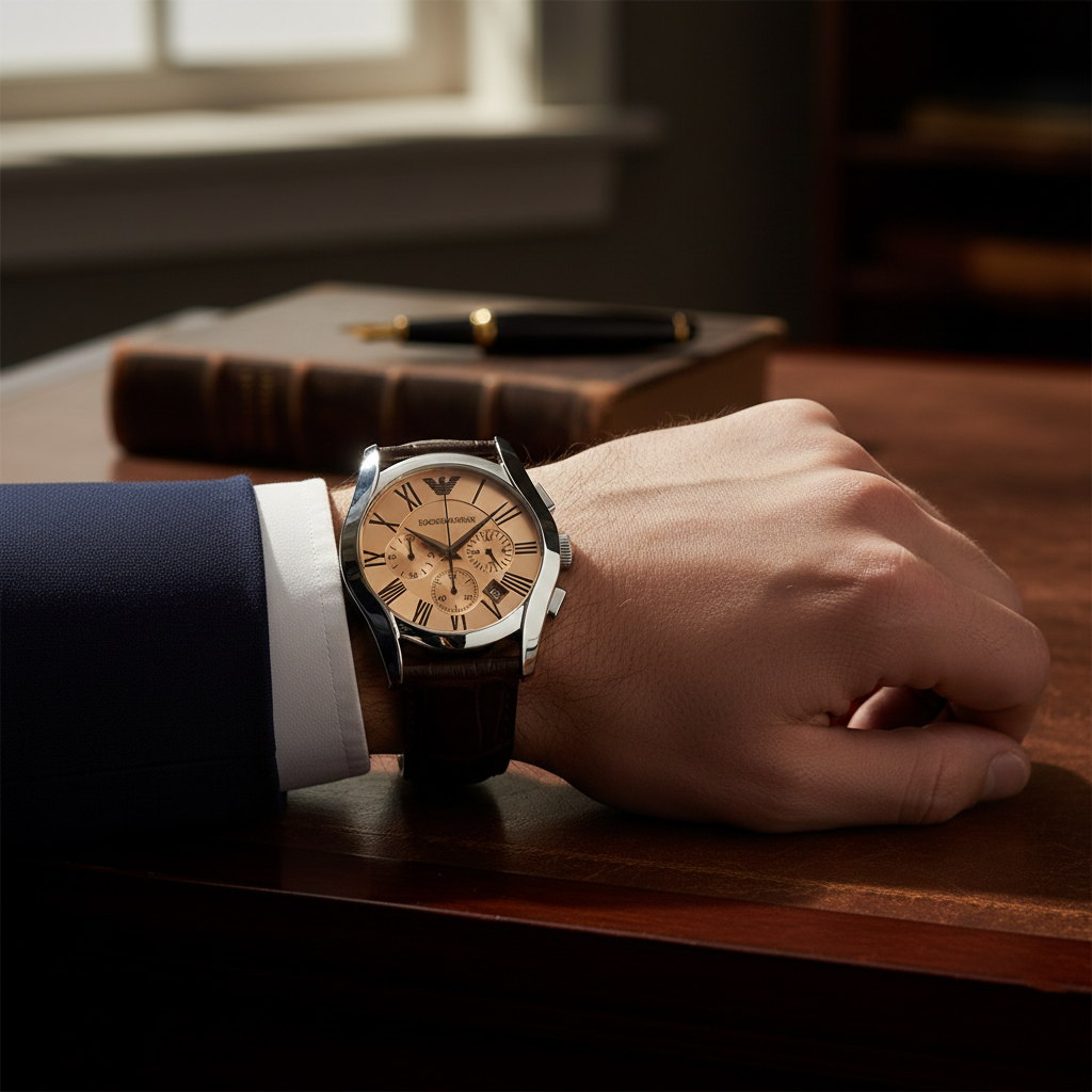Gentleman wearing Emporio Armani AR1634 champagne watch with tweed blazer