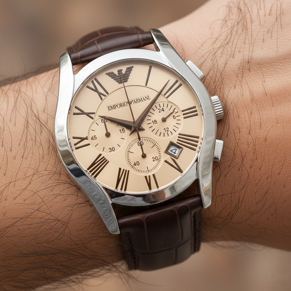 Extreme wrist macro of Armani AR1634 showing champagne dial and Roman numerals