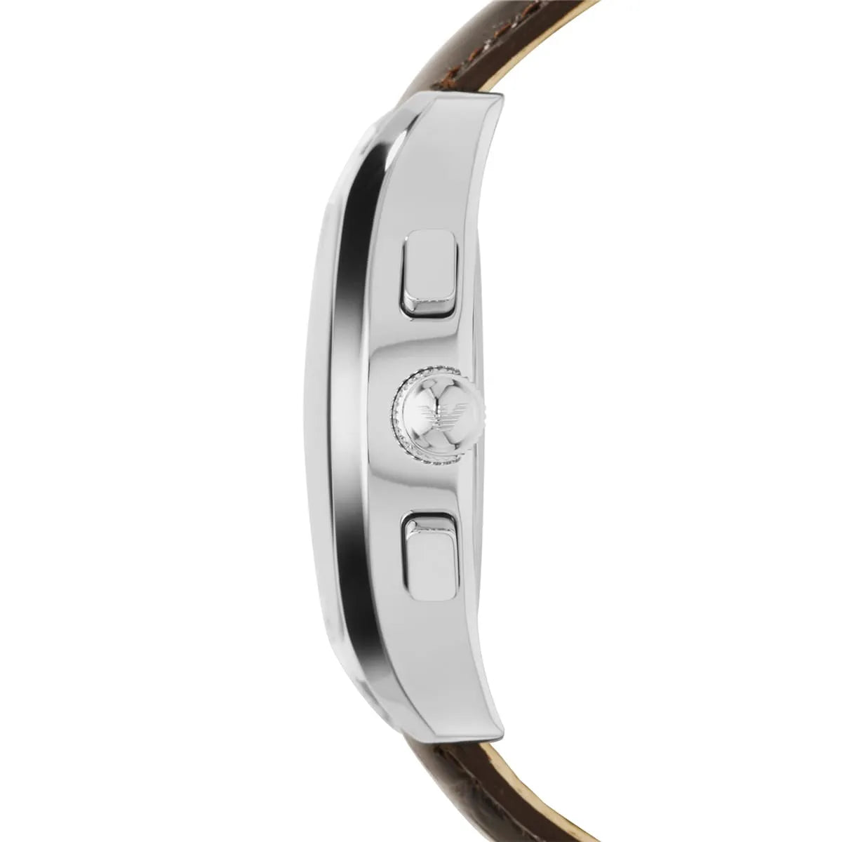 Side view of Emporio Armani AR1634 showing unique tapered lugs and silver case