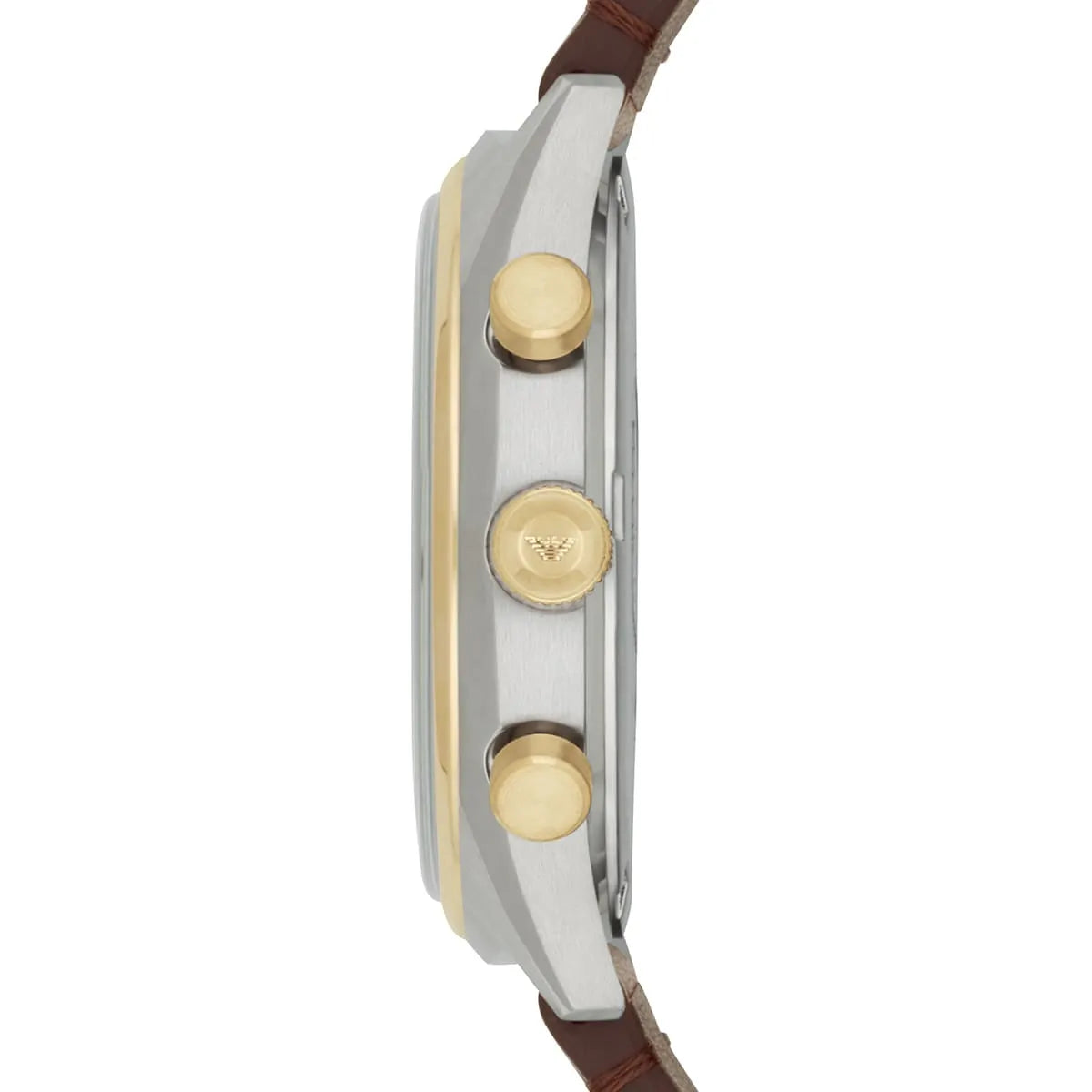 Side view of Emporio Armani AR11033 showing polished two-tone case and pushers