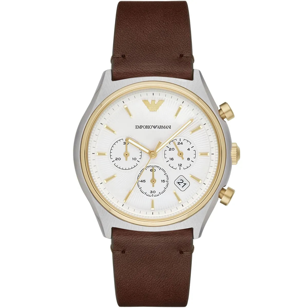Emporio Armani AR11033 Zeta Men's Watch White Textured Dial Two-Tone Case Brown Leather