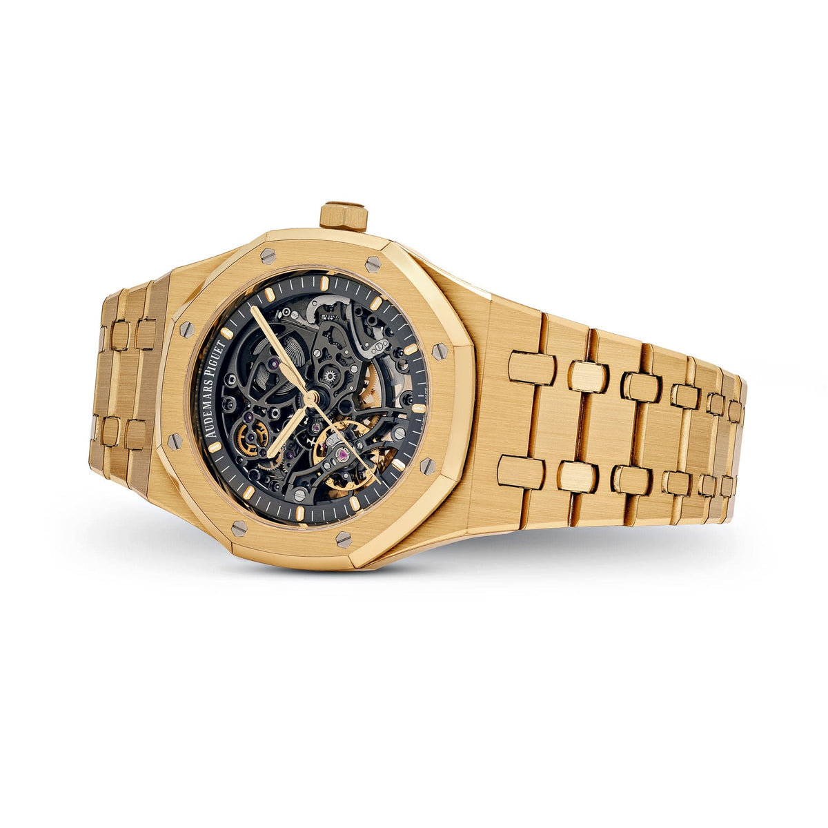 Audemars Piguet Royal Oak 15407BA.OO.1220BA.01 men's automatic watch, openworked dial, yellow gold bracelet – angle view