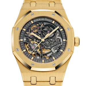 Audemars Piguet Royal Oak 15407BA.OO.1220BA.01 men's automatic watch, openworked dial, yellow gold bracelet – front close-up