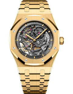 Audemars Piguet Royal Oak 15407BA.OO.1220BA.01 men's automatic watch, openworked dial, yellow gold bracelet – front view