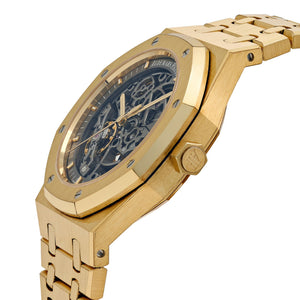 Audemars Piguet Royal Oak 15407BA.OO.1220BA.01 men's automatic watch, openworked dial, yellow gold bracelet – side angle view