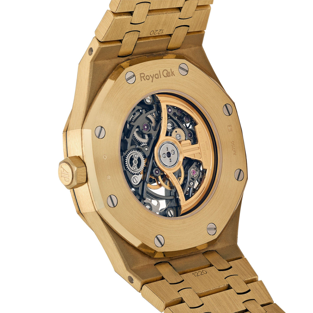 Audemars Piguet Royal Oak 15407BA.OO.1220BA.01 men's automatic watch, openworked dial, yellow gold bracelet – side close-up