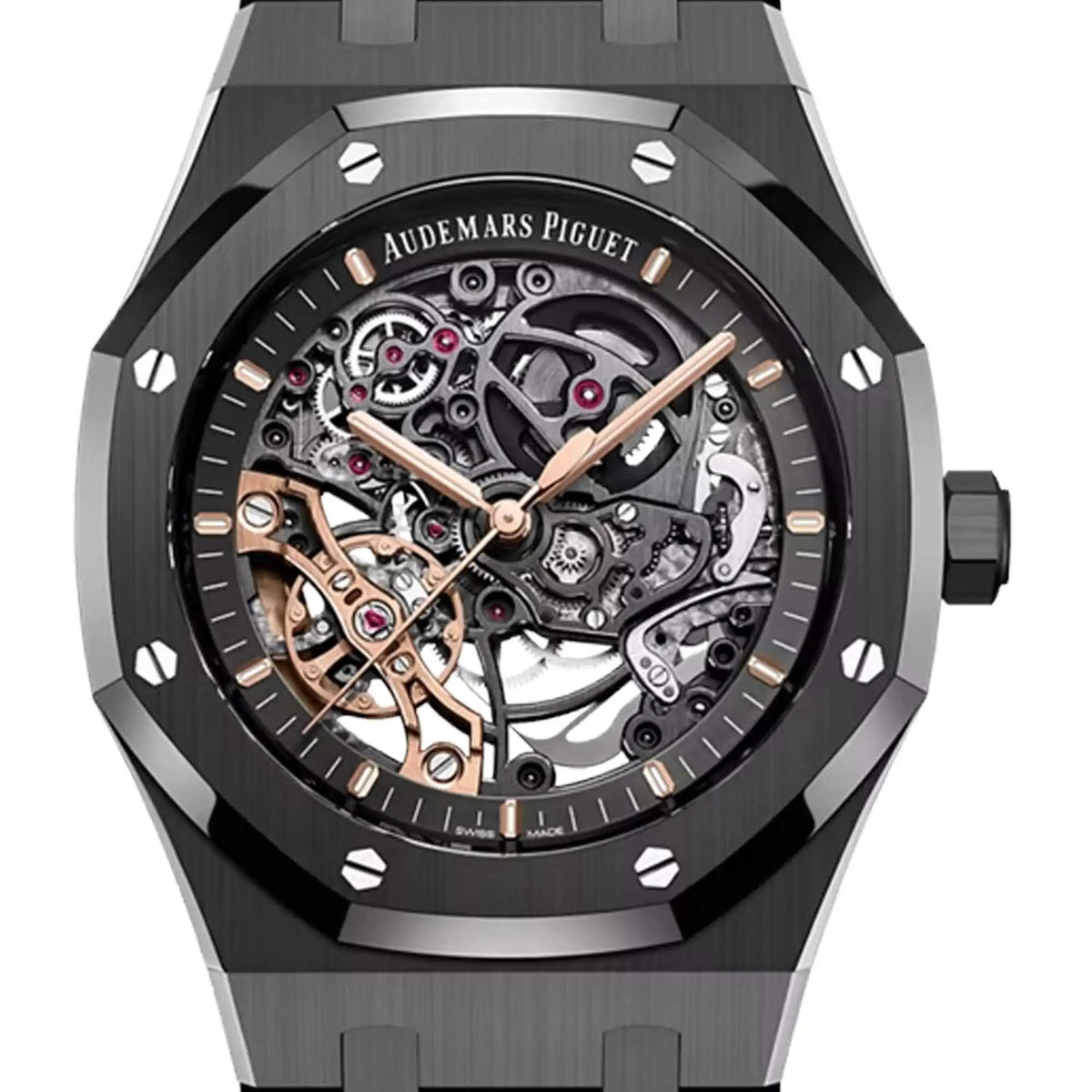 Audemars Piguet Royal Oak 15416CE.OO.1225CE.01 men's automatic watch, openworked dial, black ceramic bracelet – front close-up