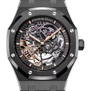 Audemars Piguet Royal Oak 15416CE.OO.1225CE.01 men's automatic watch, openworked dial, black ceramic bracelet – front close-up