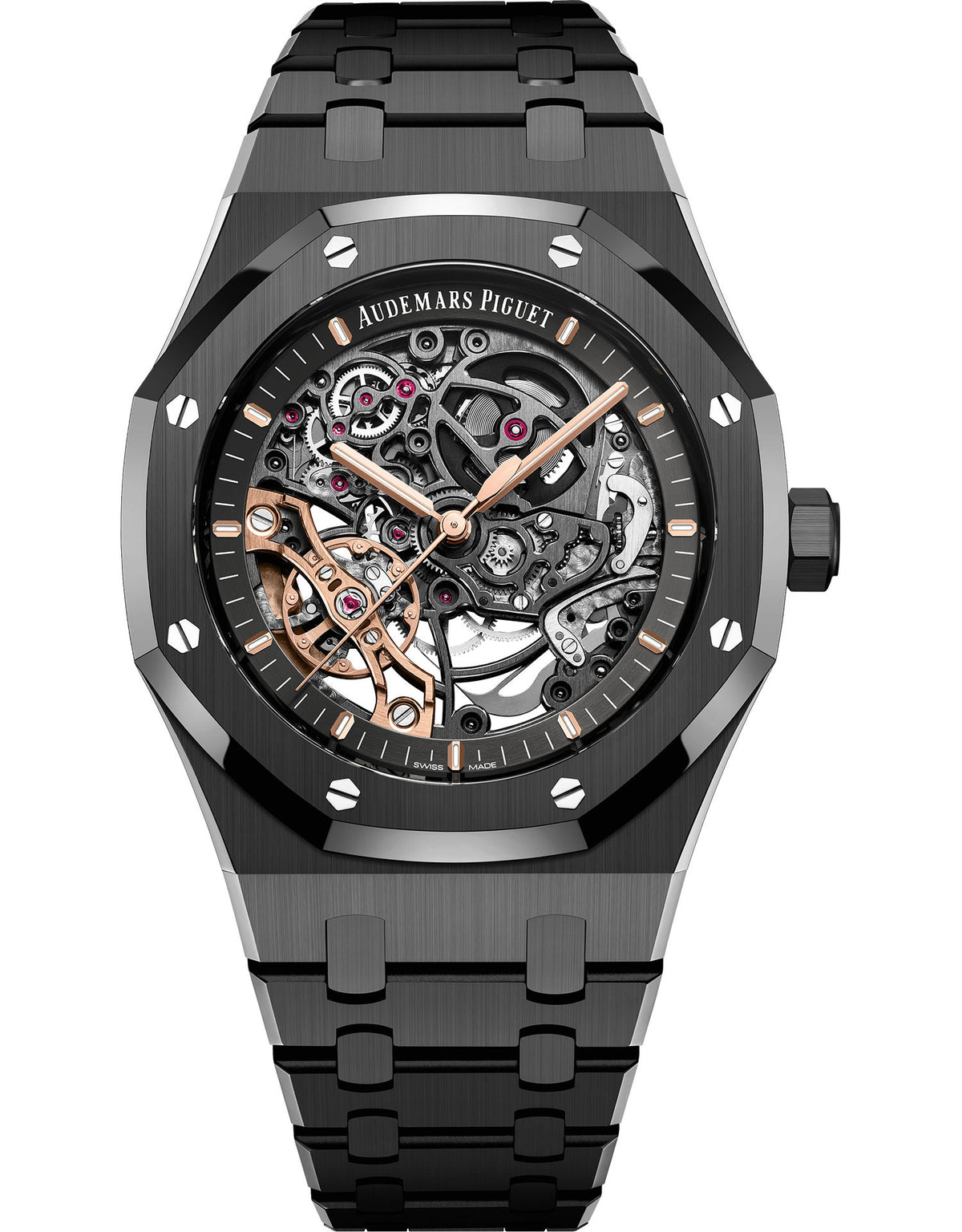 Audemars Piguet Royal Oak 15416CE.OO.1225CE.01 men's automatic watch, openworked dial, black ceramic bracelet – front view