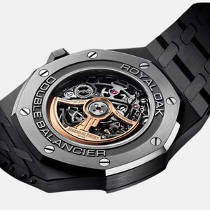 Audemars Piguet Royal Oak 15416CE.OO.1225CE.02 men's automatic watch, openworked dial, black ceramic bracelet – angle view